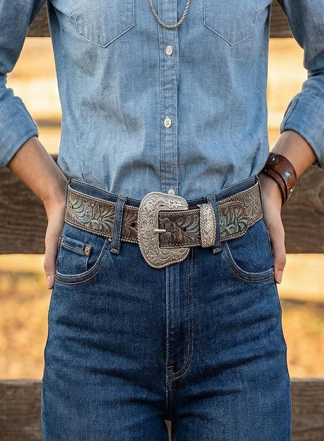 BC Belts حزام جلدي بني منقوش ومطلي باللون الفيروزي مع مشبك غربي مزخرف (صغير) - Image 2